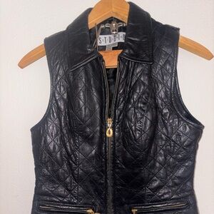 Studio Women's Black Leather Vest with Gold Zippers
